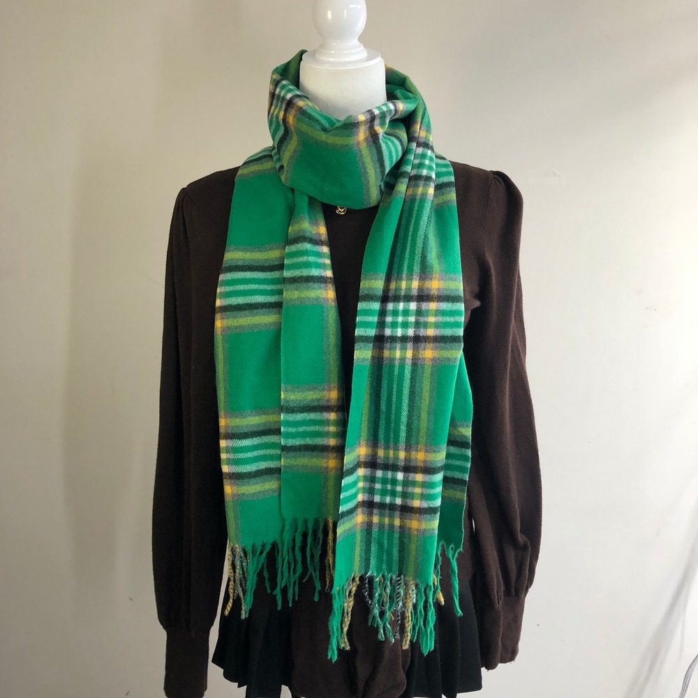 Vintage 100% Cashmere Scarf Made in Germany Green Yellow Plaid Tartan Fringe